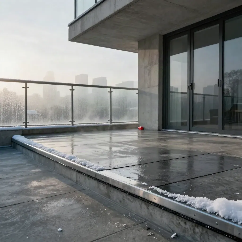 Empty condo balcony with sealed edges, glass railing, snow dusting, and misty skyline.