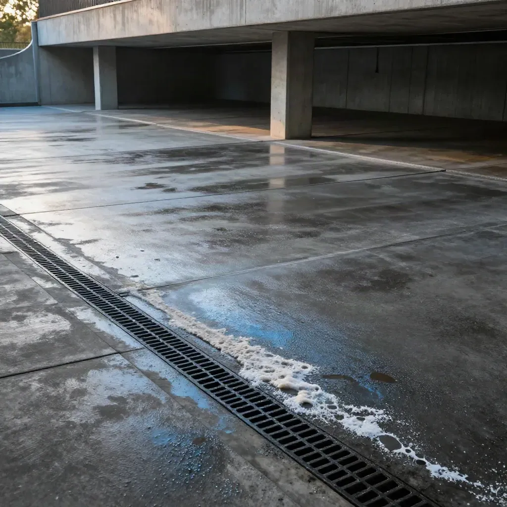 Sealed parkade slab with water beading across dark concrete and salt marks at the edge.