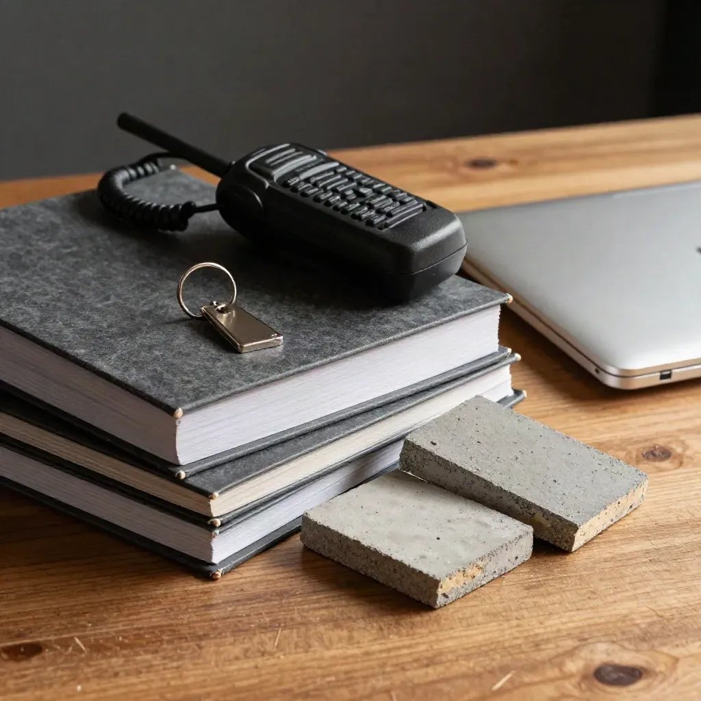 Closed binders, radio handset, keys, sample cores and laptop on a maple desk