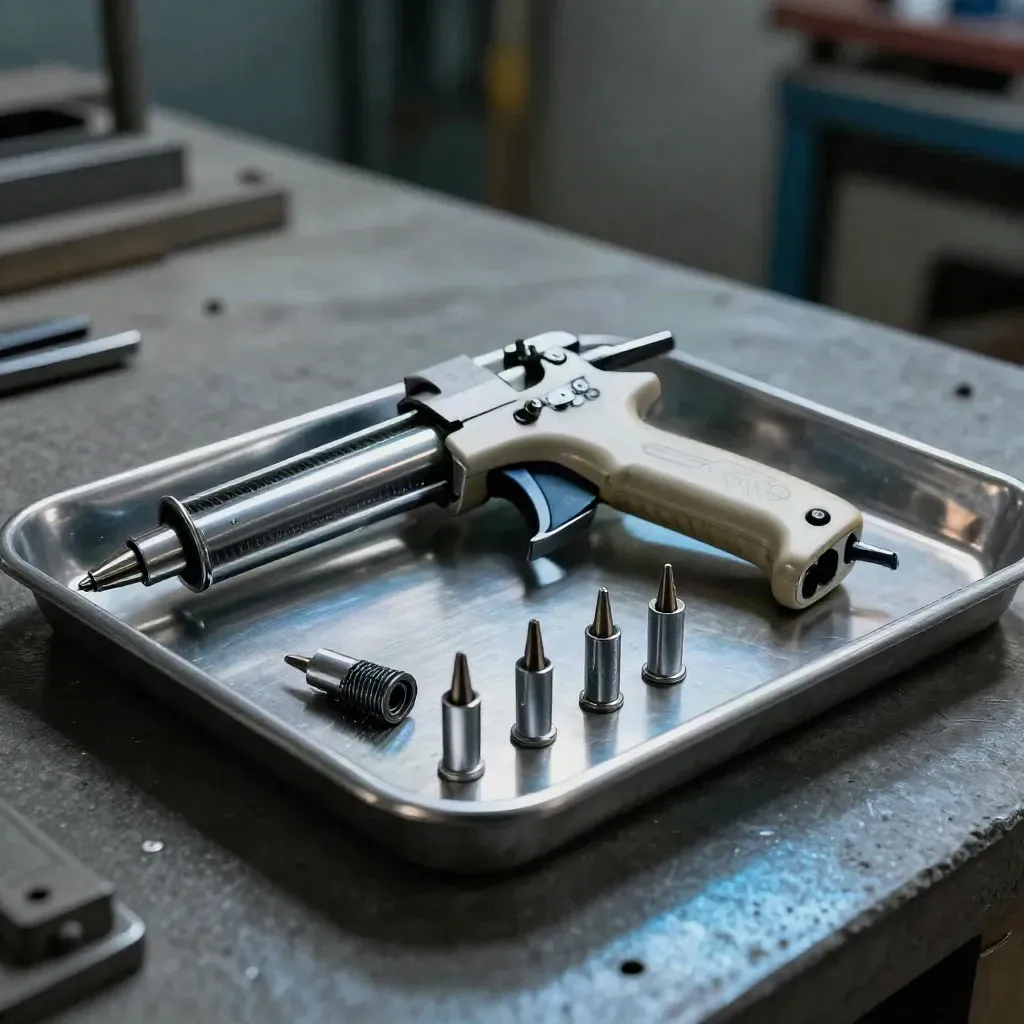 Stainless caulk gun with nozzles and backer rod on a metal tray