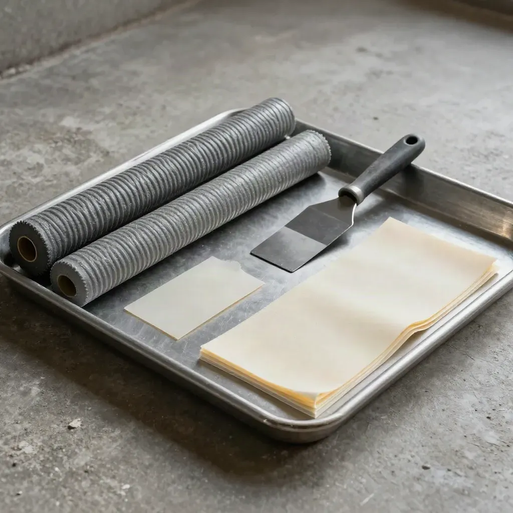 Top-down metal tray with sealing tools, backer rod, membrane patch and soft dust in side light.