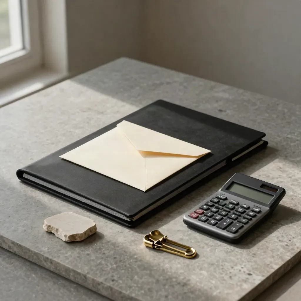 Black site folder, blank envelope, sample chip, brass clip and calculator on stone.