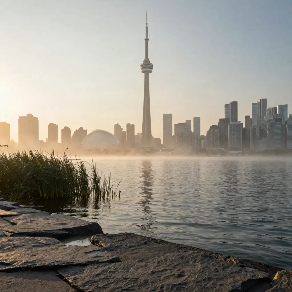 Toronto skyline and CN Tower above a misty calm lakefront with reeds and wet stone
