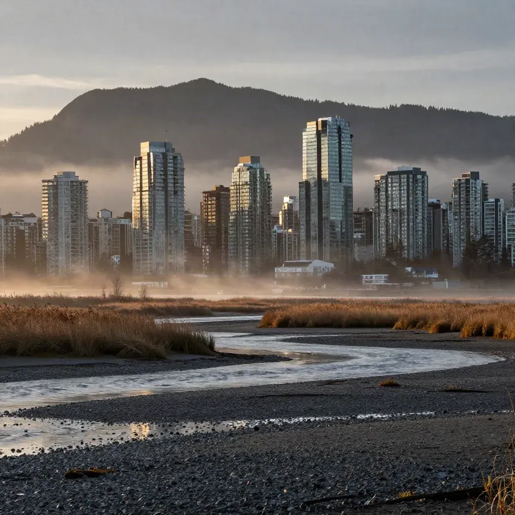 Vancouver skyline and North Shore mountains over foggy Fraser River wetlands at dawn